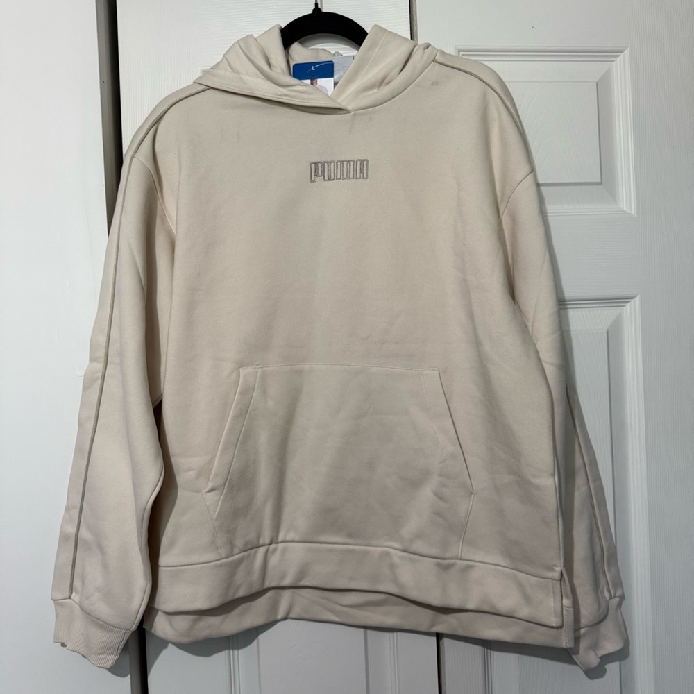 Puma Long Sleeve Fleece Kangaroo Pocket Hoodie, Cream, Women’s Size Large